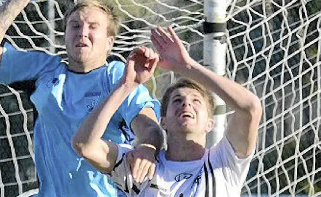 Simon Hercombe, Tait Burns and Bryce Ruthven fly high in a recent MFC–Tweed United game. Simon Hercombe, Tait Burns and Bryce Ruthven fly high in a recent MFC–Tweed United game.